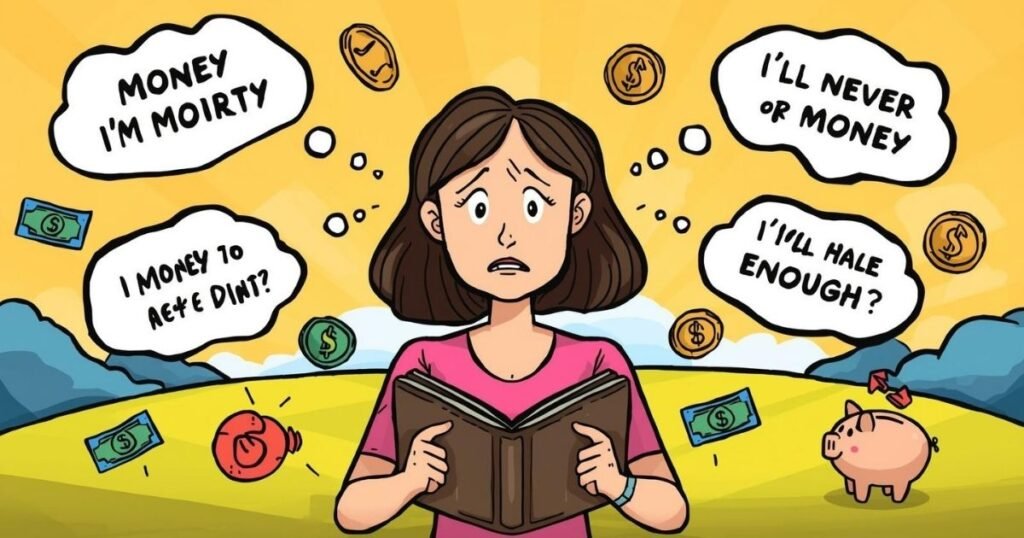 Ilustração em estilo cartoon de uma mulher preocupada com a carteira vazia, cercada por crenças limitantes sobre dinheiro em balões de pensamento