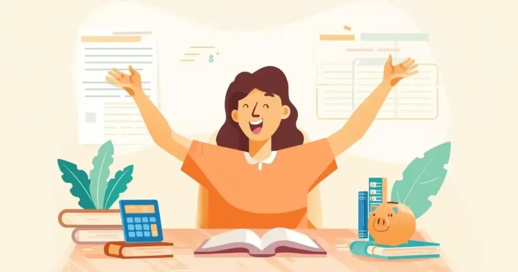 Ilustração em estilo cartoon de uma mulher estudando educação financeira com livros, calculadora e cofrinho sobre a mesa