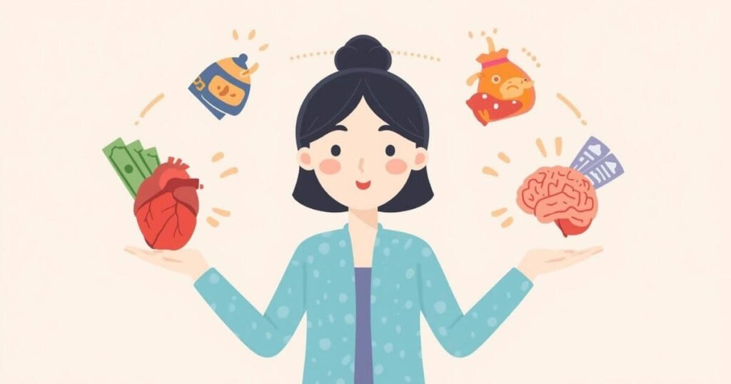 Ilustração em estilo cartoon de uma mulher refletindo sobre psicologia financeira, cercada por símbolos de dinheiro e emoções.