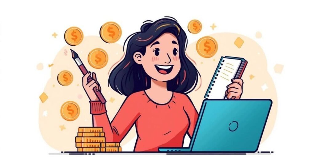 Ilustração em estilo cartoon de uma mulher trabalhando em renda extra com laptop, moedas e ferramentas criativas