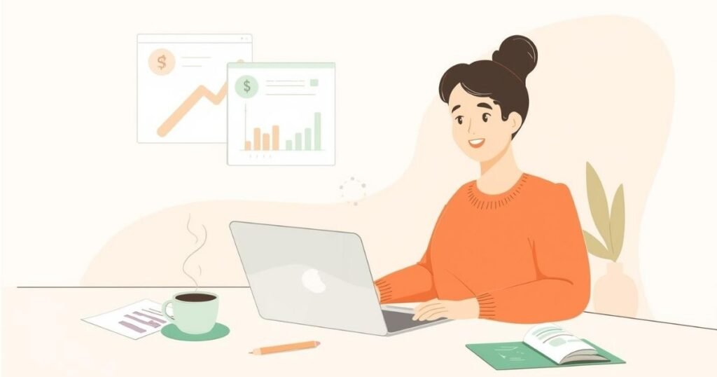 Ilustração em estilo cartoon de mulher planejando as finanças com notebook e café, nas cores laranja, verde e rosa, simbolizando leveza e prosperidade financeira.
