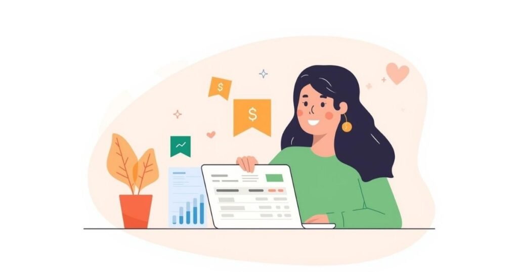 Ilustração em estilo cartoon de mulher organizando suas finanças no notebook com planilha e café, nas cores laranja, verde e rosa, simbolizando clareza e equilíbrio financeiro.