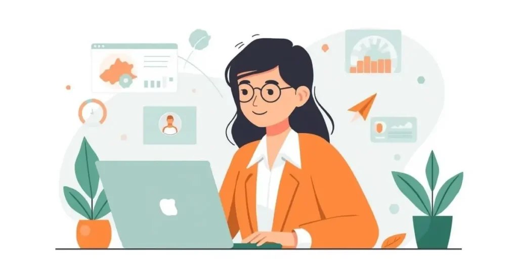 ilustração de uma assistente virtual trabalhando em ambiente agradavel