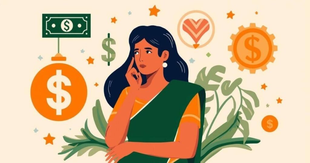 ilustração de mulher refletindo sobre autossabotagem financeira