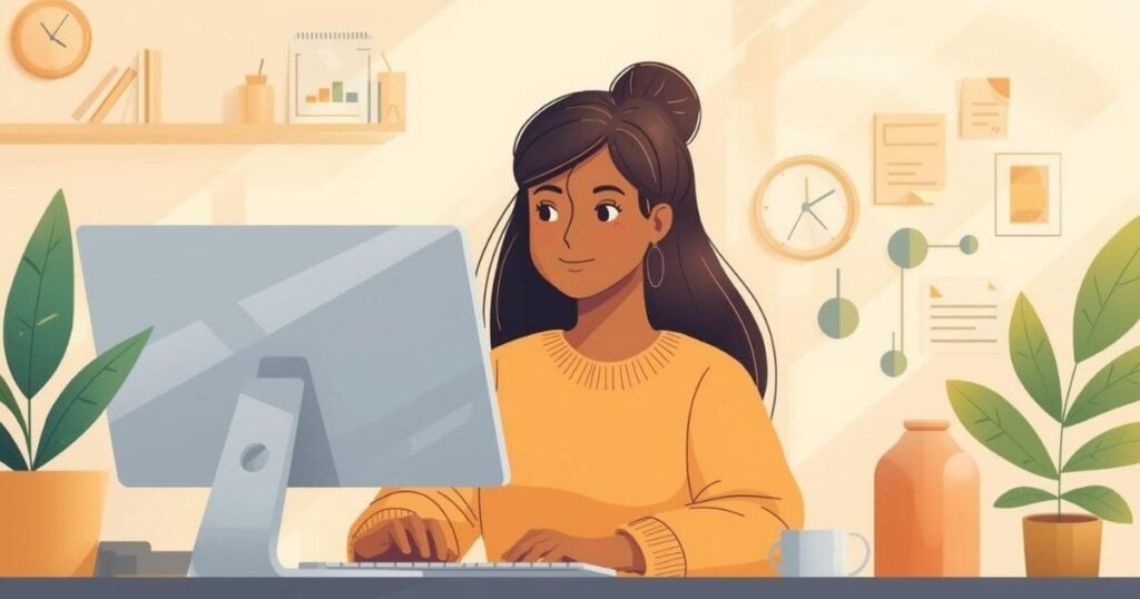 ilustração de uma mulher criando seu blog do zero no computador, pensando em quantos artigos publicar para seu blog crescer