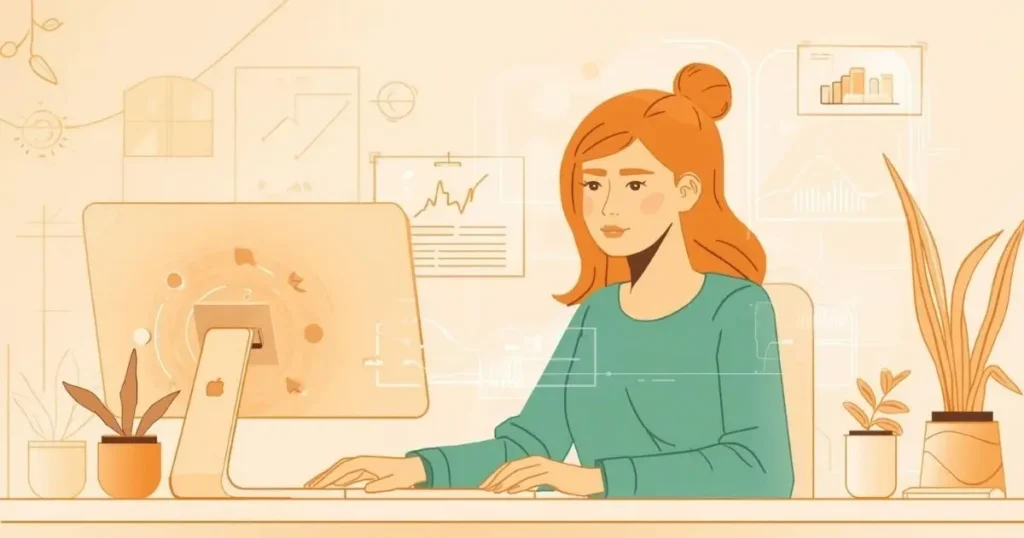mulher trabalhando no computador trabalhando SEO on-page para o blog dela ilustrado